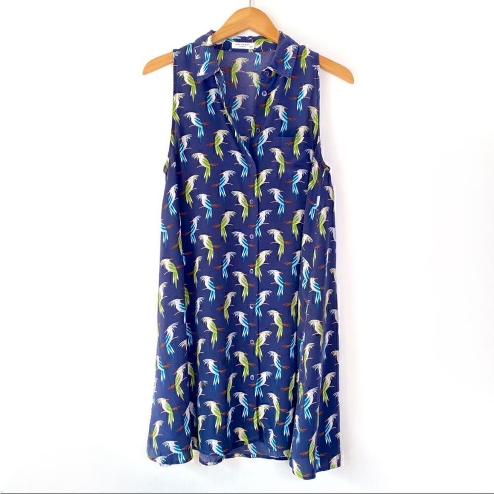 Equipment navy bird print silk sleeveless trapeze dress